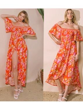 Flying Tomato | Vacation Vibes Off The Shoulder Hi Low Smocked Dress New Large